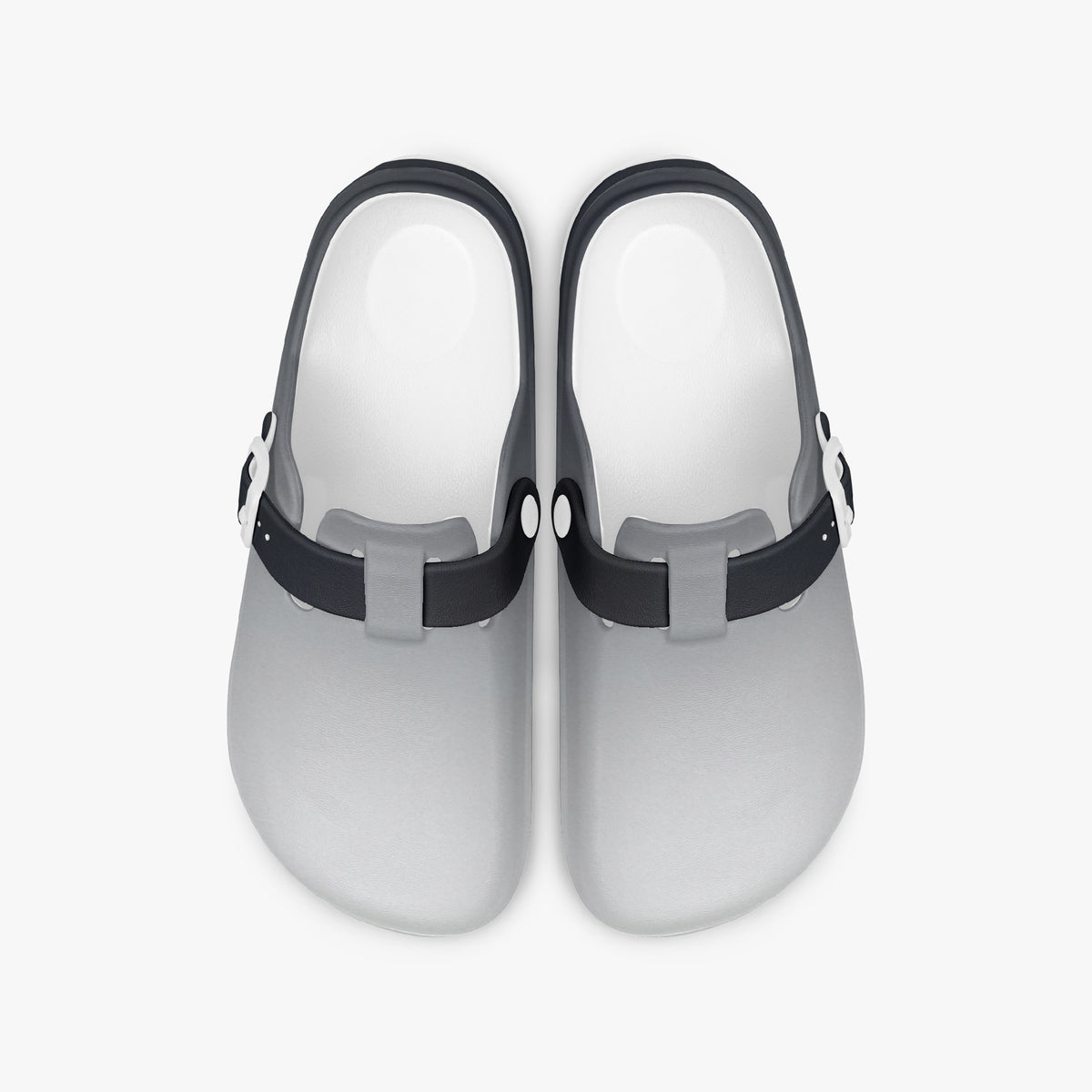 Pair of grey EVA clogs with black straps, cushioned open-back design