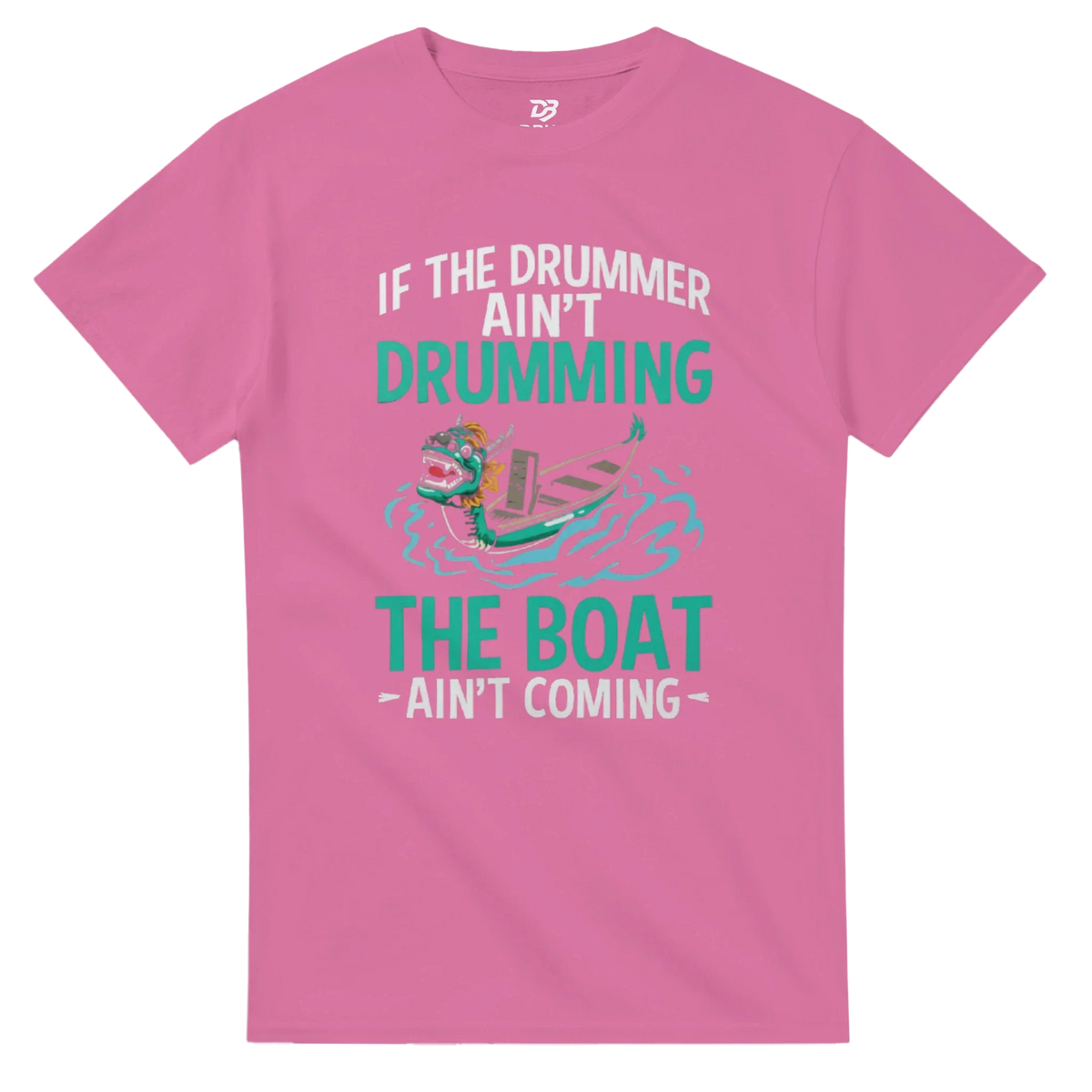 Unisex pink graphic t-shirt with dragon boat and drummer quote
