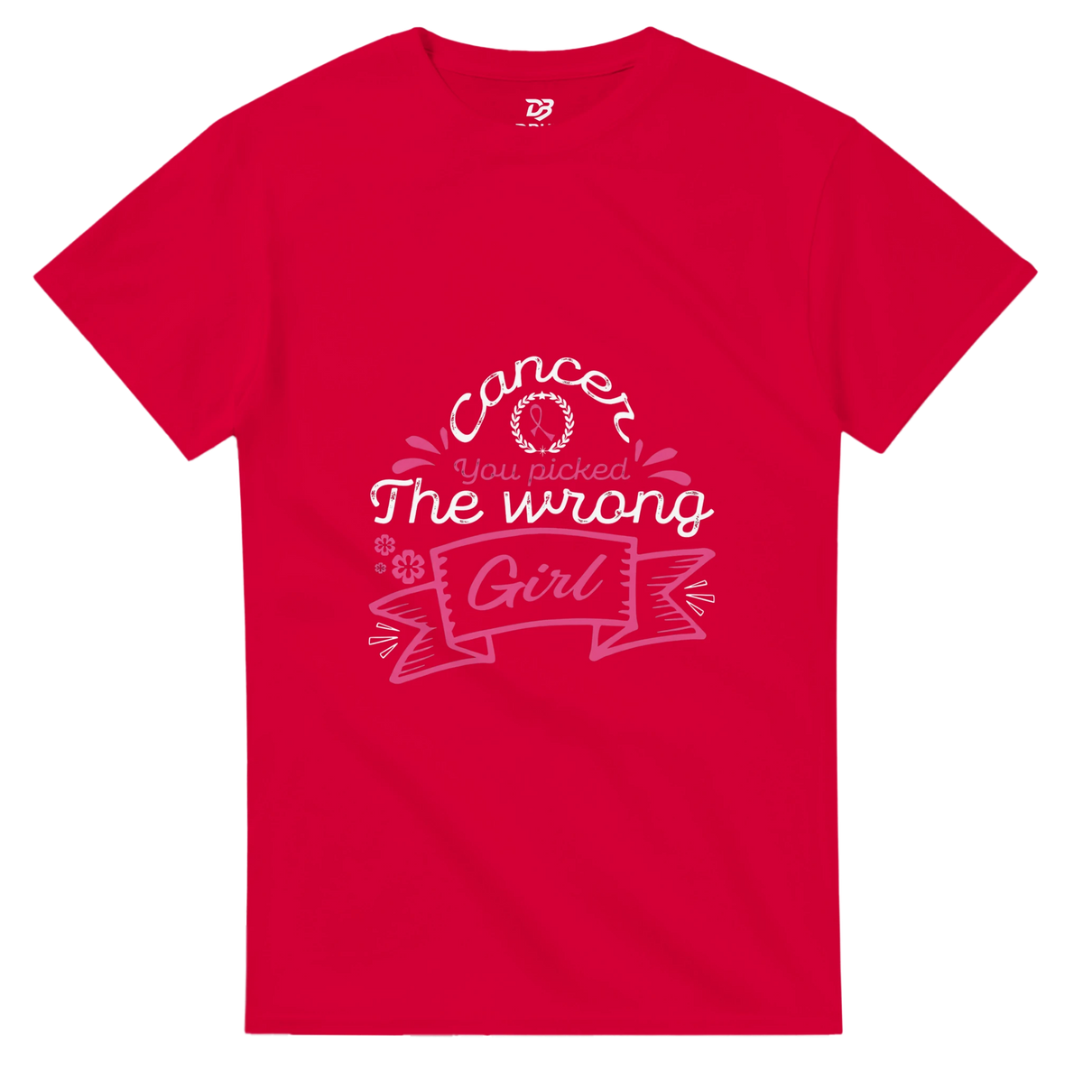 Red unisex graphic tee with pink and white 'The wrong Girl' ribbon print