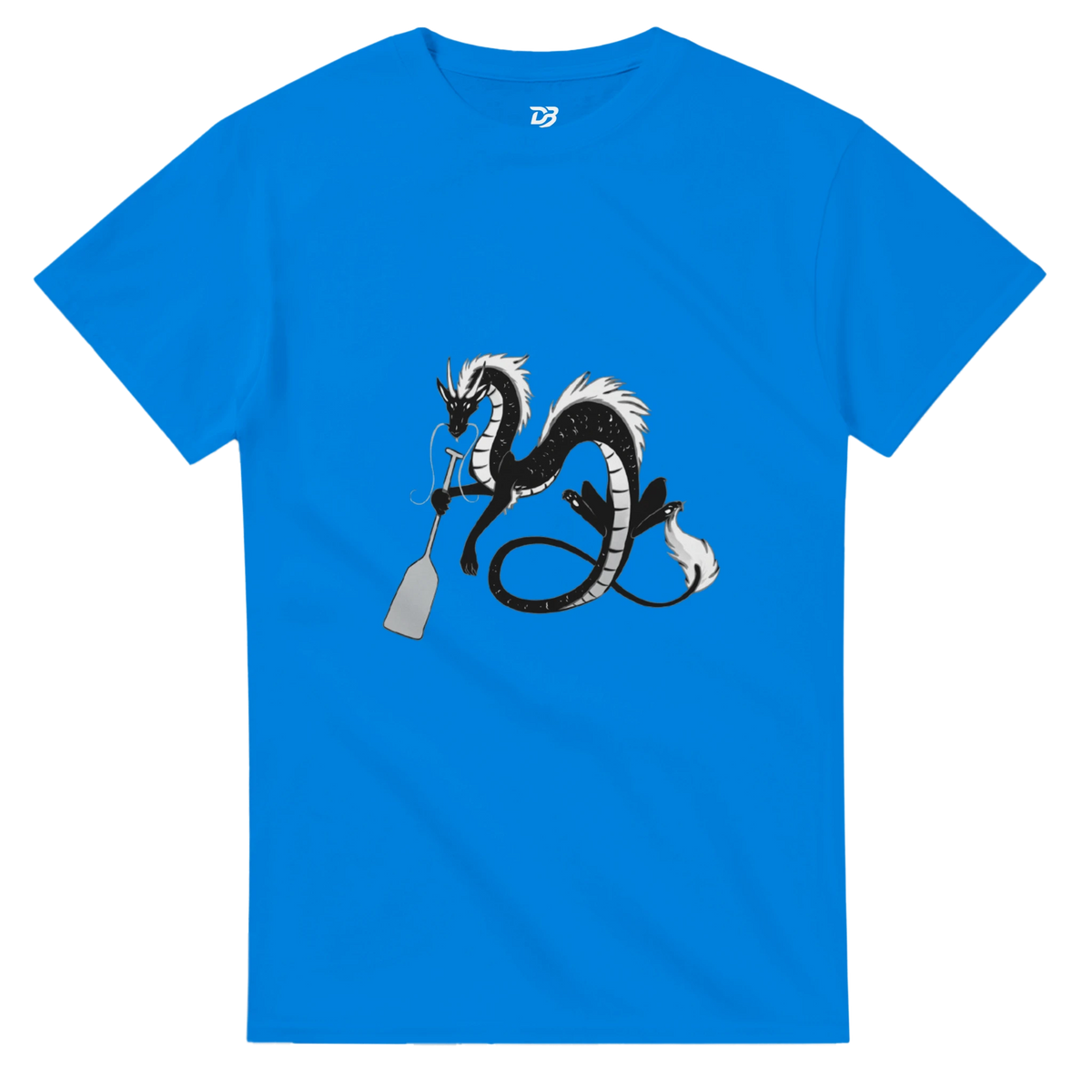 Royal blue unisex crewneck graphic T-shirt with dragon holding a paddle and ring