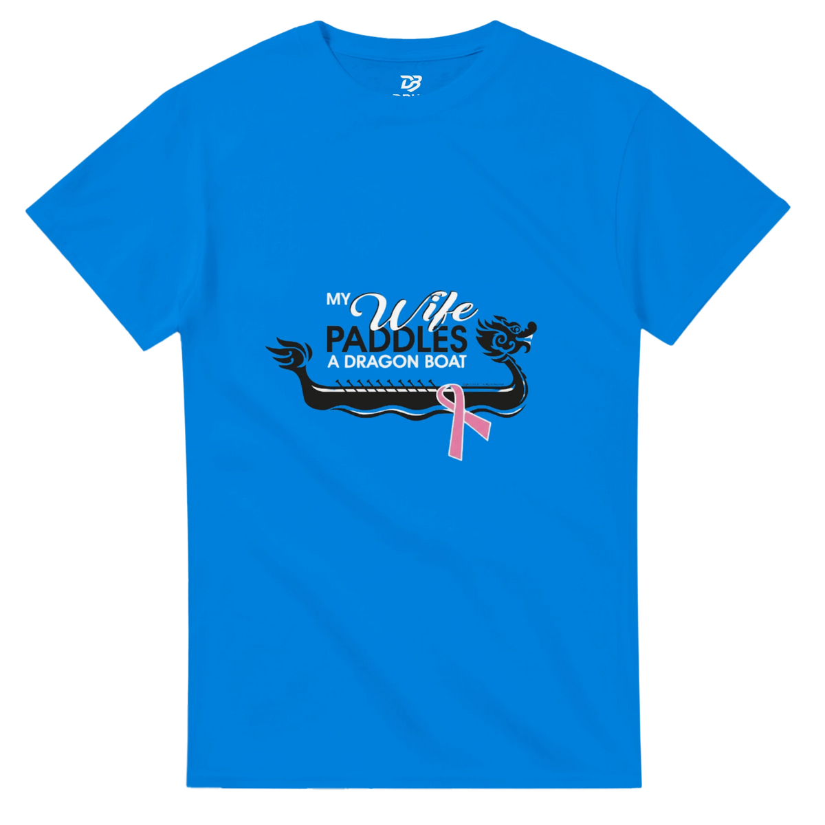Royal blue unisex t-shirt with dragon boat graphic and pink ribbon