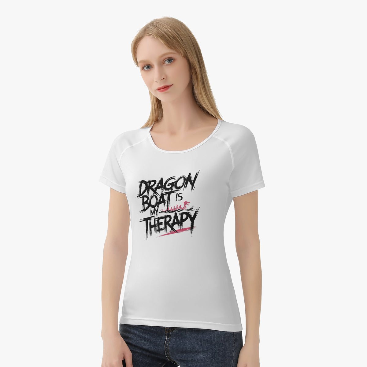 White women's crew-neck T-shirt with 'DRAGON BOAT is my THERAPY' text graphic, short sleeves.
