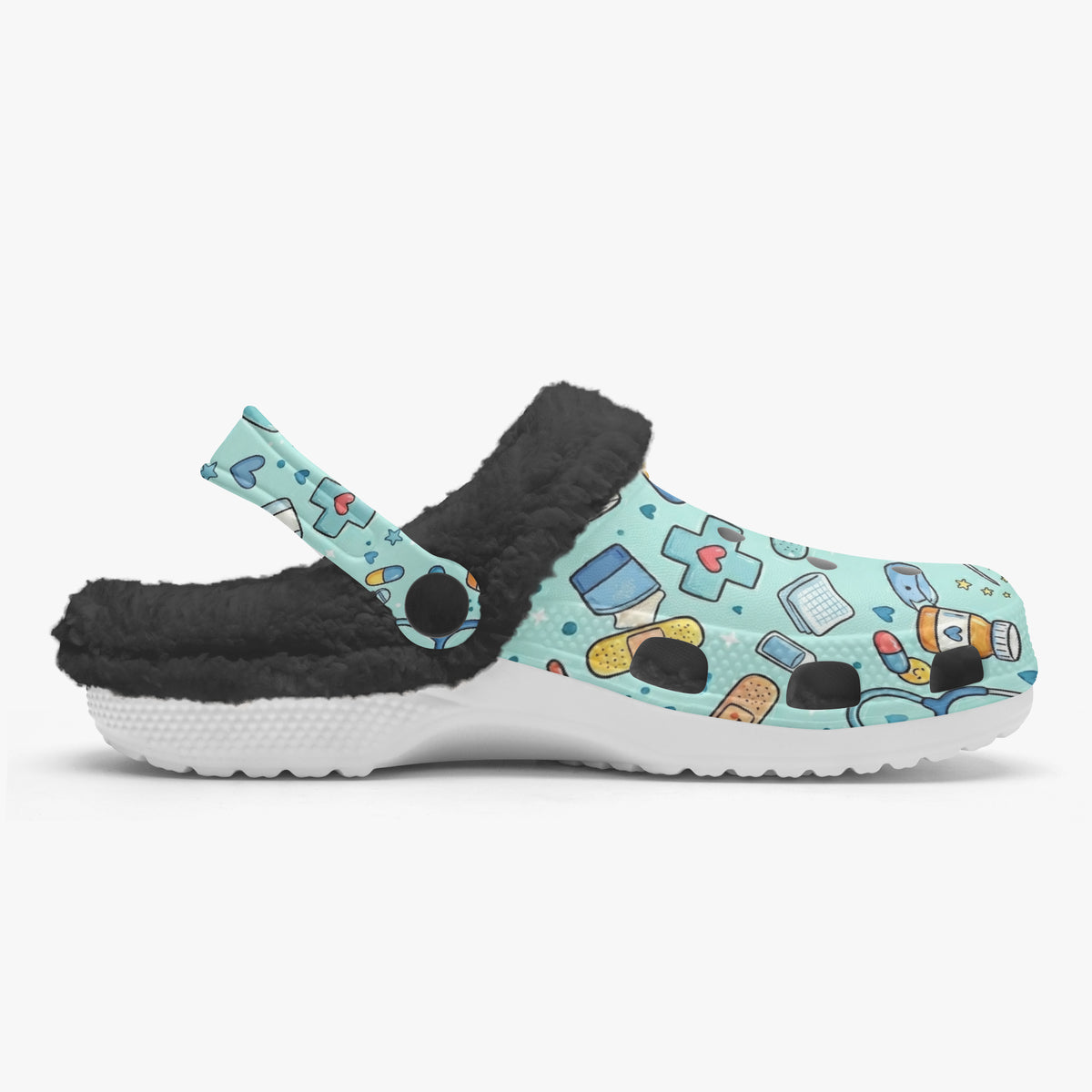 Medical cartoon slide sandals in blue with black fuzzy footbed lining