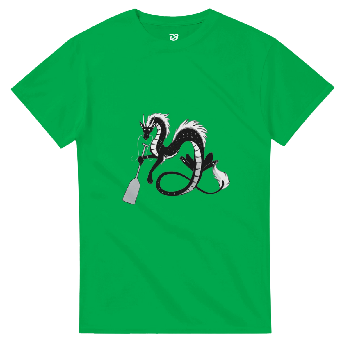 Green unisex crewneck graphic T-shirt with dragon holding a paddle and ring