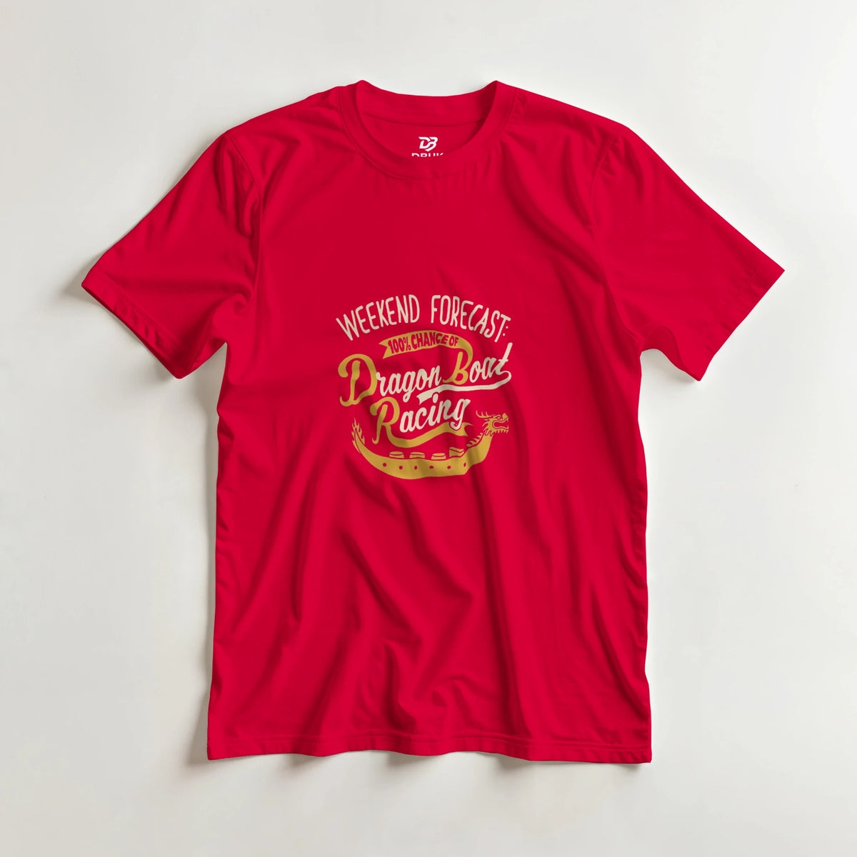 Red unisex crewneck tee with Weekend Forecast Dragon Boat Racing graphic