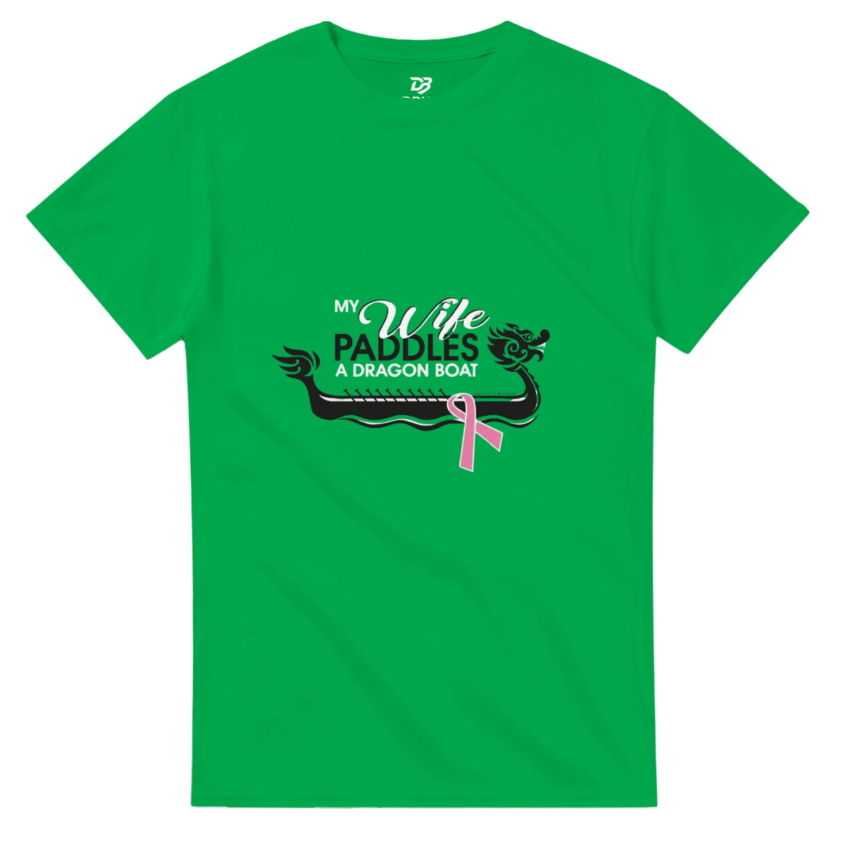 Irish green unisex t-shirt with dragon boat graphic and pink ribbon