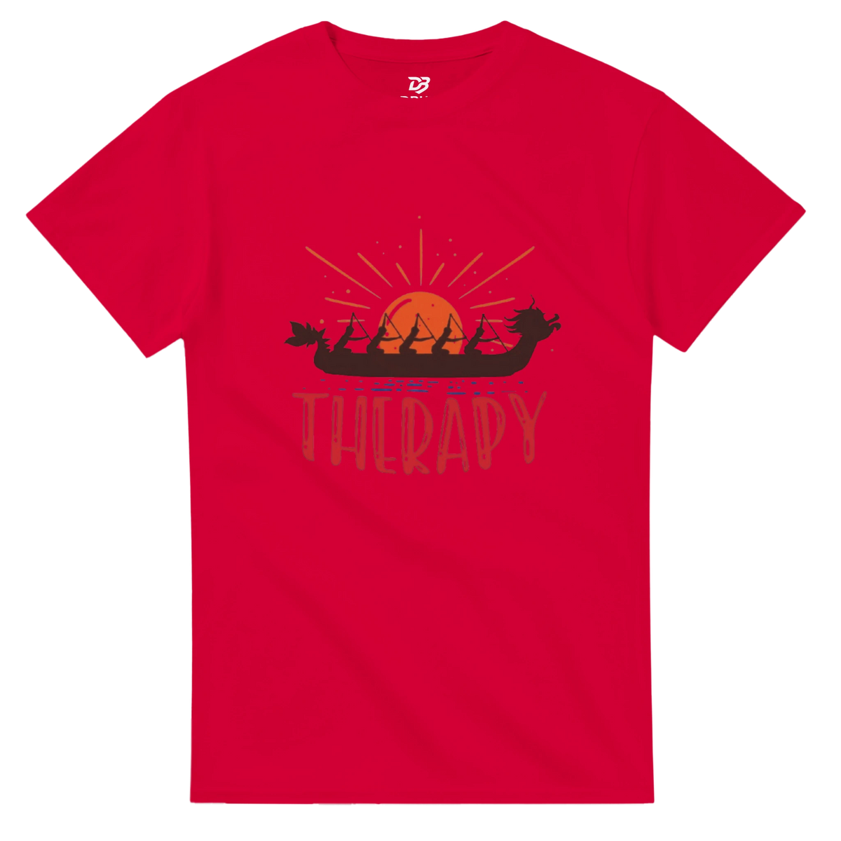 Red unisex T-shirt with dragon boat sunrise graphic and "THERAPY" print