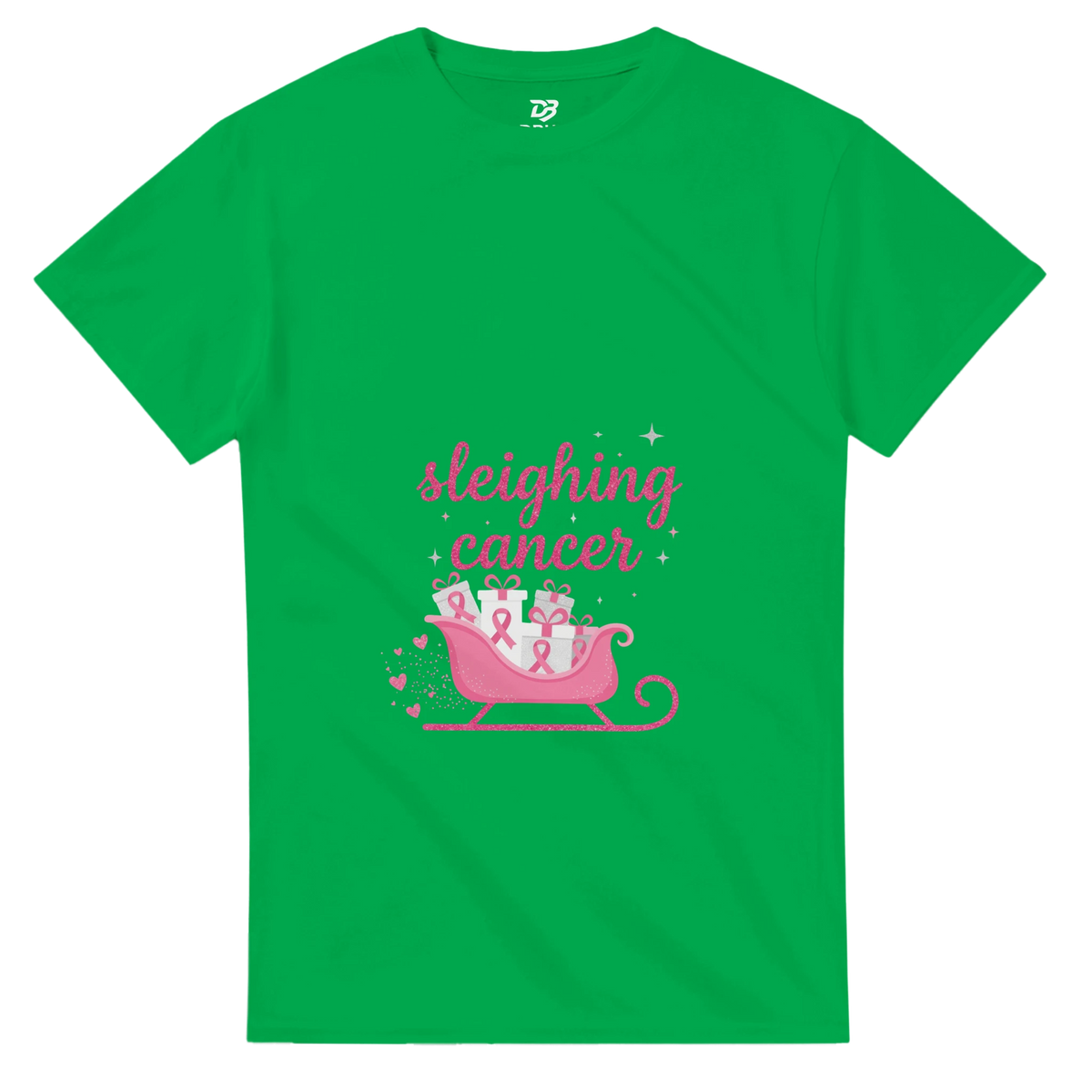 Irish green cancer support T-shirt with pink “sleighing cancer” sleigh graphic