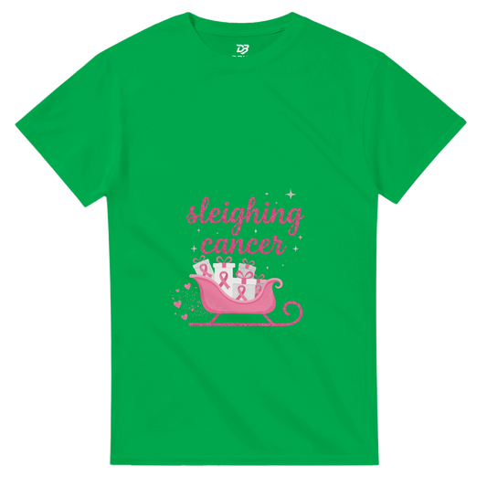 Irish green cancer support T-shirt with pink “sleighing cancer” sleigh graphic