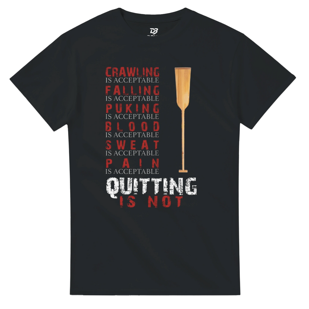 Black unisex graphic tee with “Quitting is not” text and trophy icon