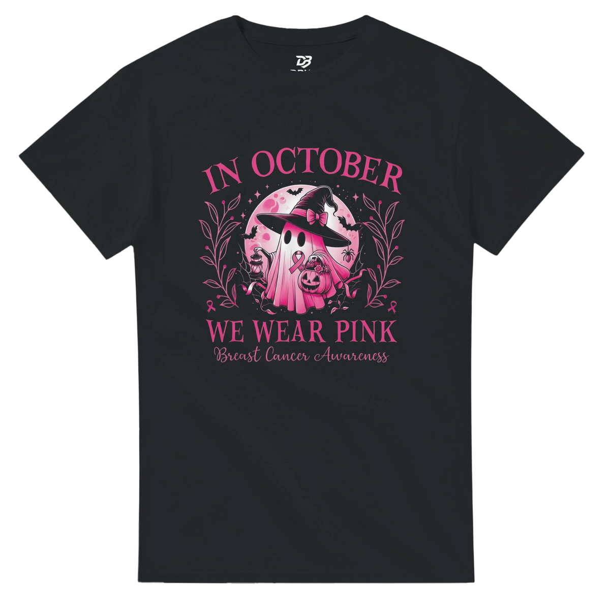 Black crewneck unisex T-shirt with pink awareness graphic and floral wreath front