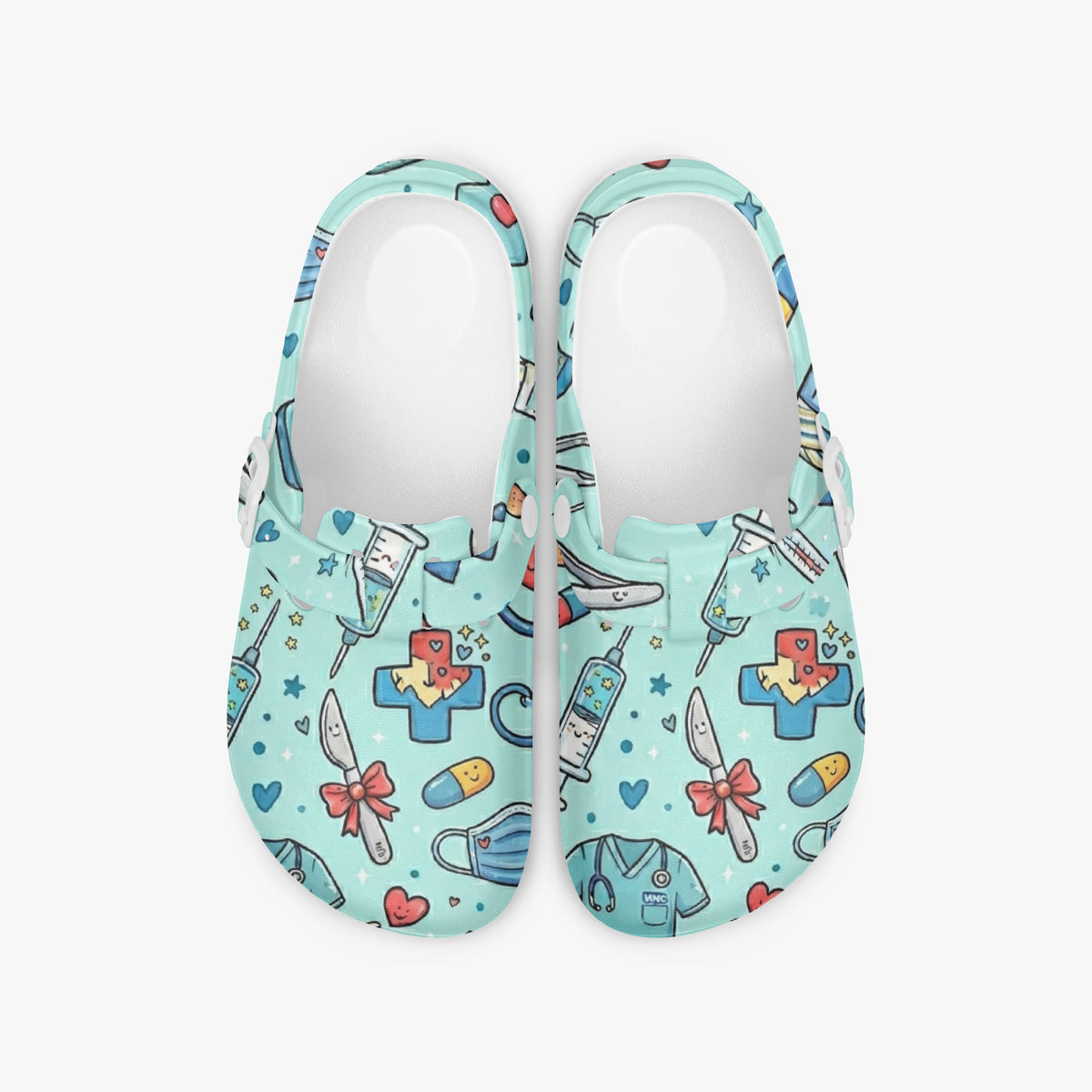 Pair of light blue doodle medical clogs showing both inner openings