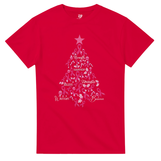 Red Christmas T-shirt with pink ribbon warrior tree graphic and crew neck