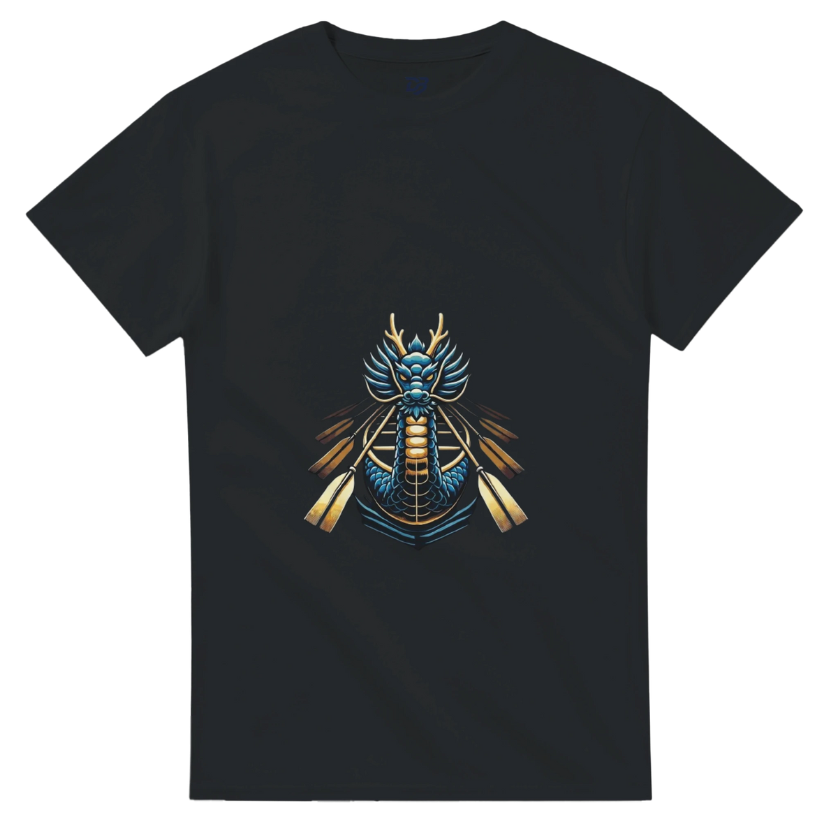 Black unisex T-shirt with dragon boat themed graphic on the chest