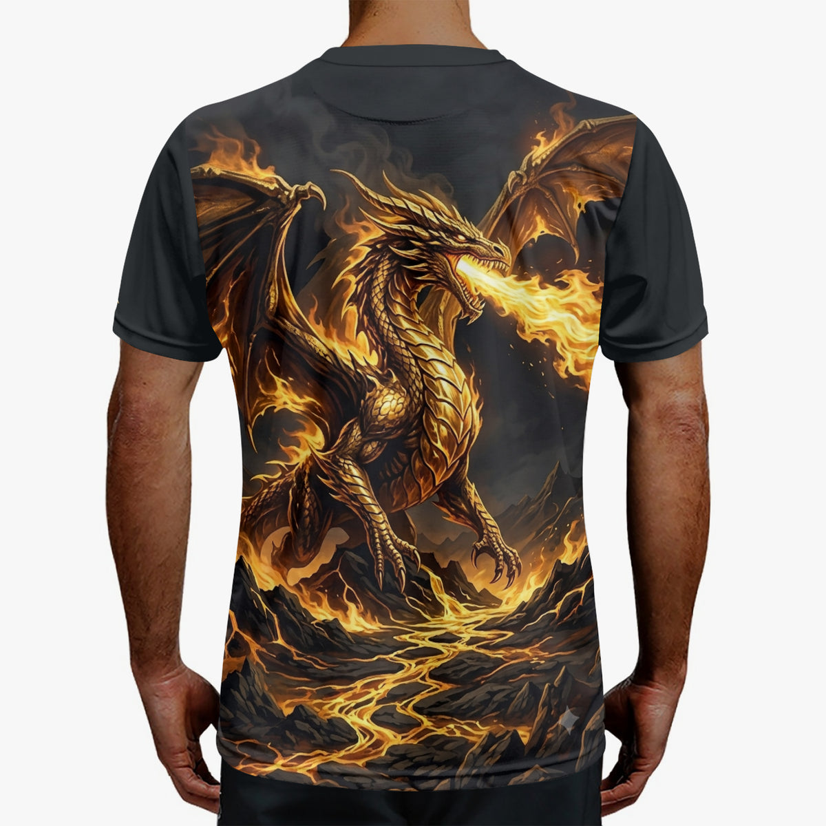 Black crew-neck jersey with detailed gold-and-orange dragon graphic, back