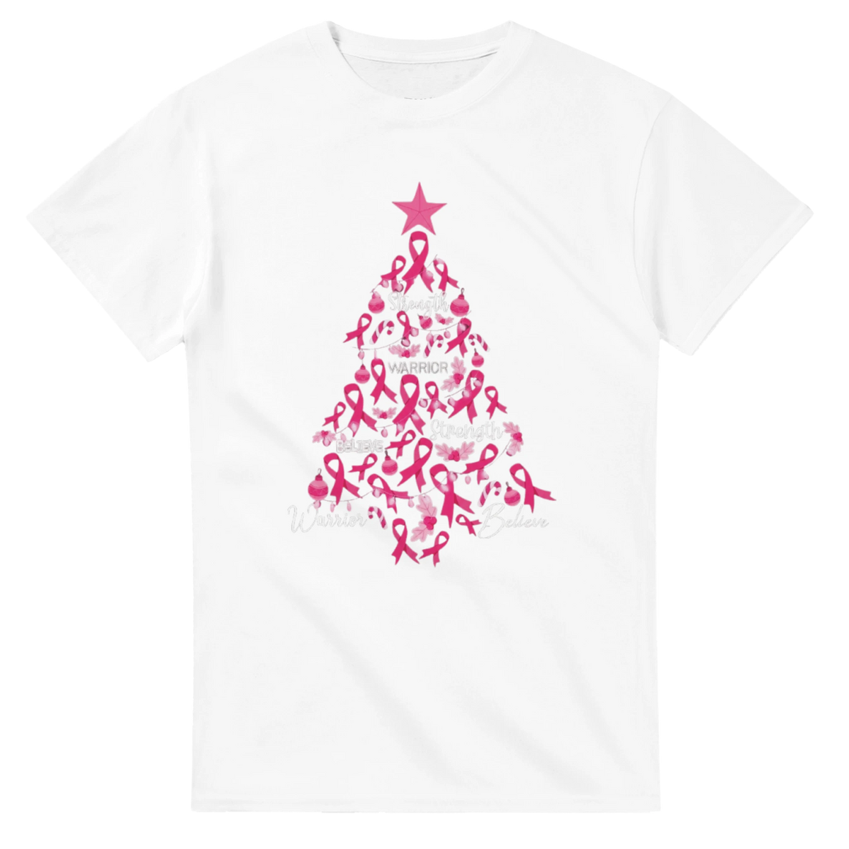 White crew-neck T-shirt with pink ribbon Christmas tree graphic on the front
