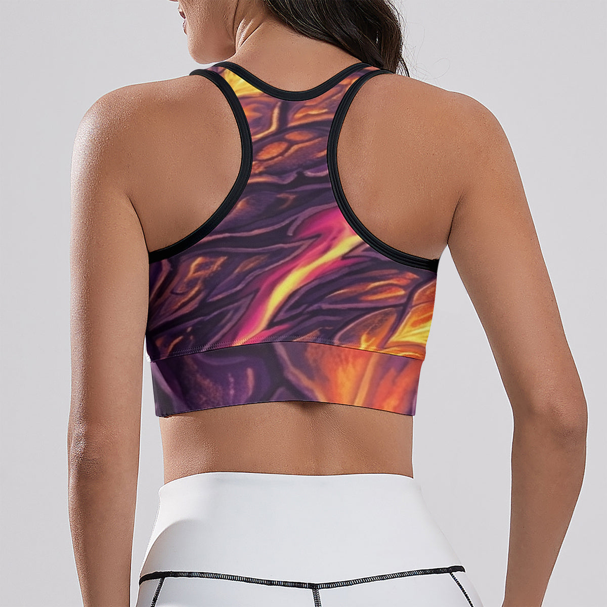 Women’s cropped yoga tank top back view, racerback straps, flame all-over print
