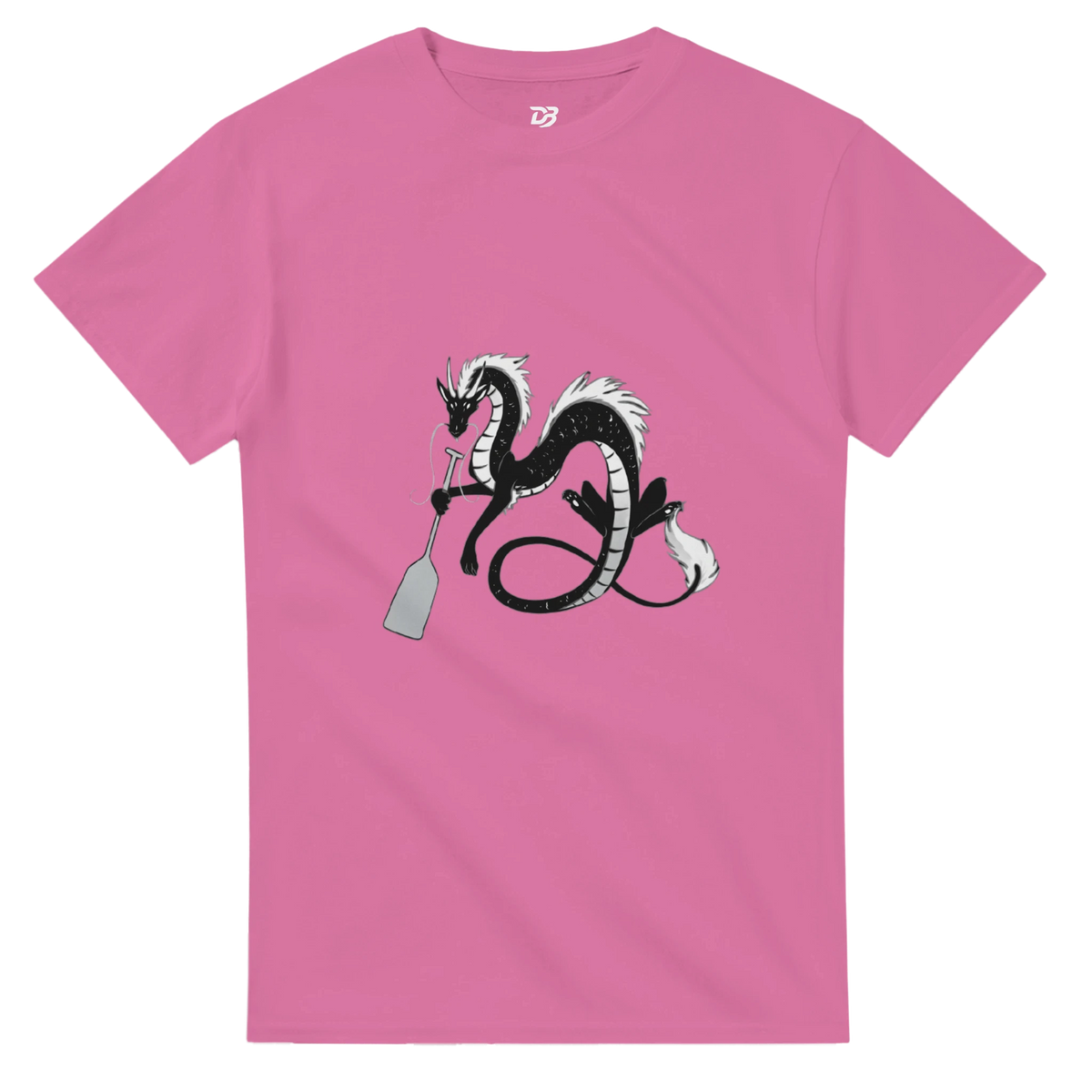 Rose pink unisex crewneck graphic T-shirt with dragon holding a paddle and ring