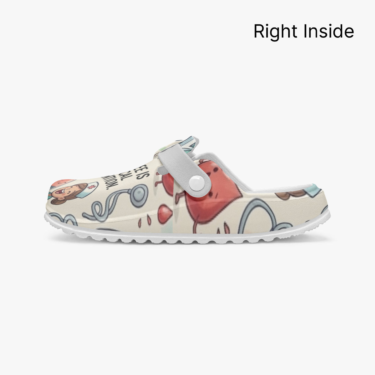 Right inside view of nurse clog with medical coffee print and gray strap