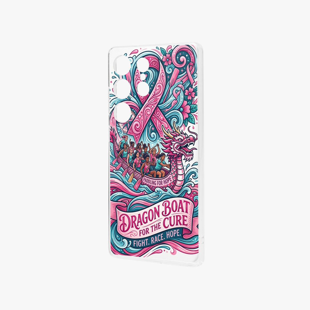 Samsung Galaxy S25 phone case with dragon boat for the cure artwork in pink and teal.
