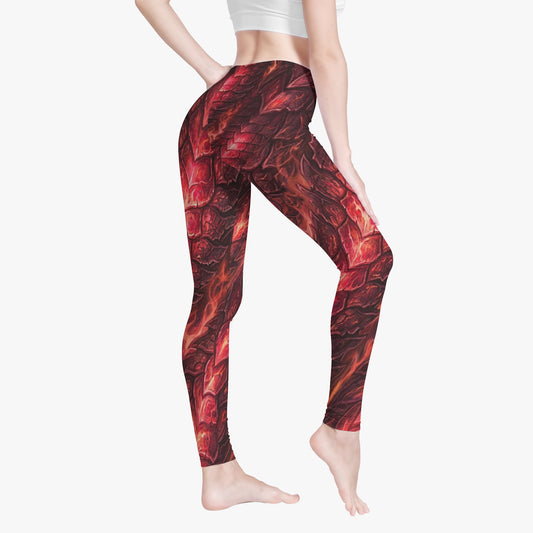 Women’s leggings with red dragon-scale pattern, three-quarter angle, full length