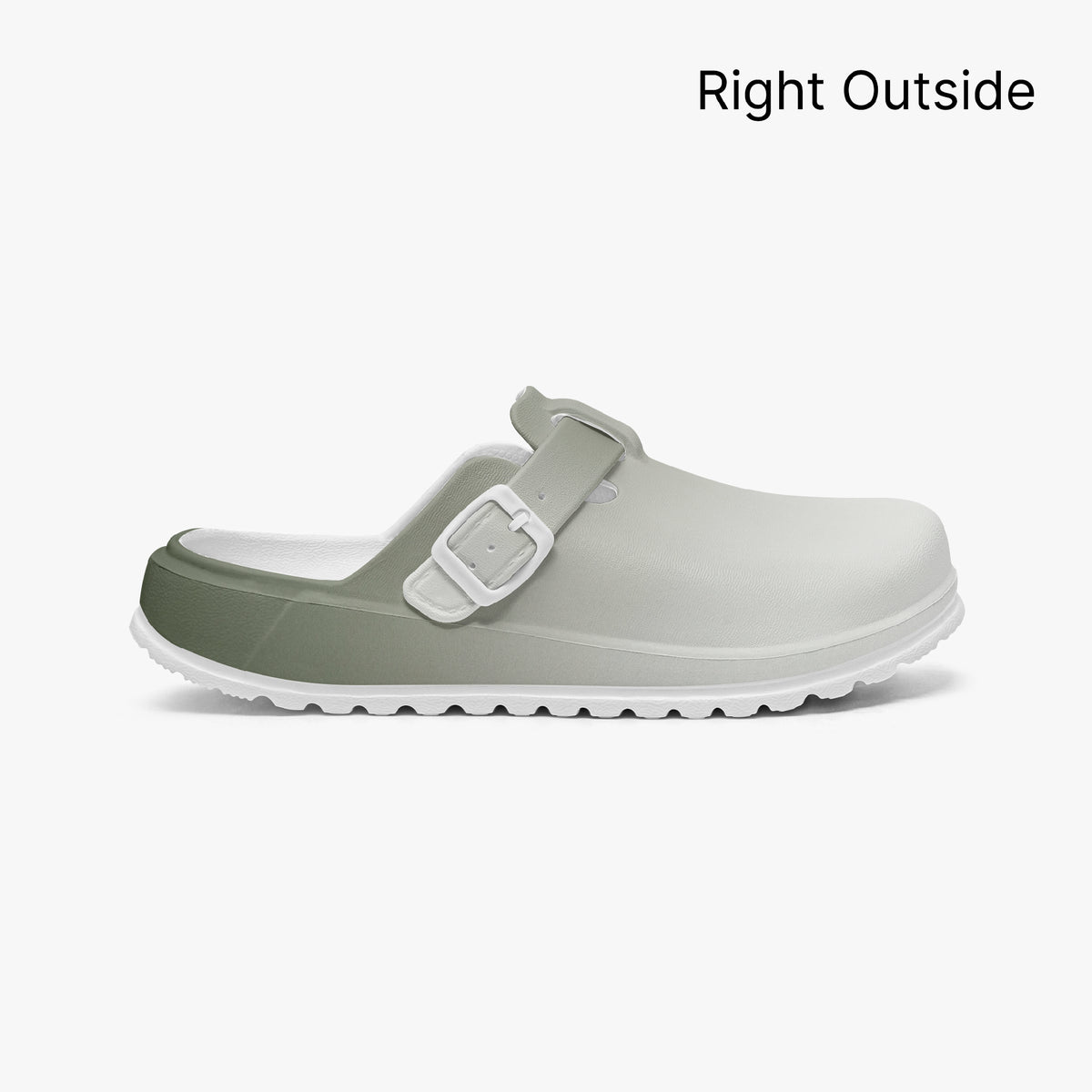 Lightweight EVA slip-on clog in light gray with dark green side panel and strap