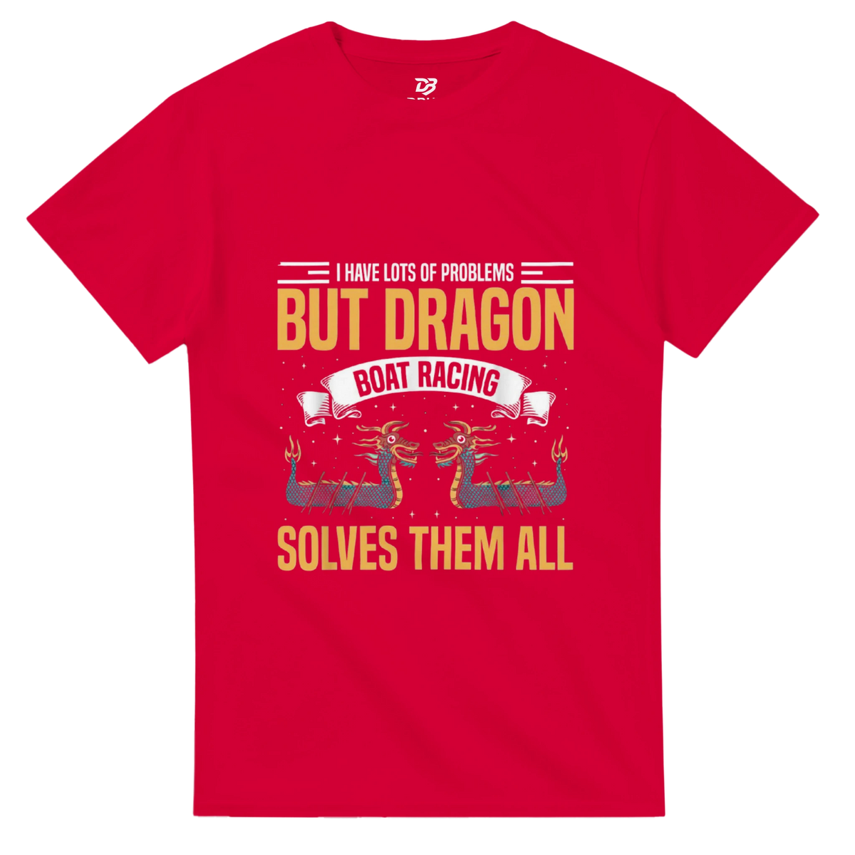Red unisex graphic T-shirt with dragon boat racing text "SOLVES THEM ALL"