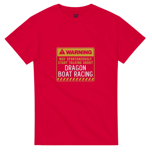 Unisex crewneck T-shirt, red with warning boat racing graphic on chest.
