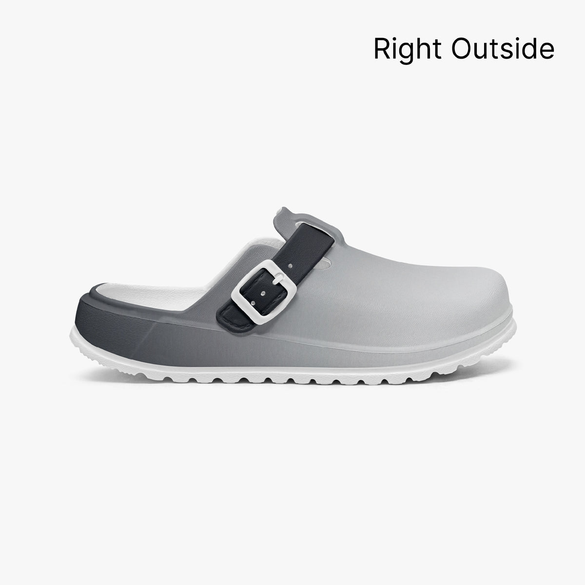 Grey clog right outside profile with black strap buckle and treaded outsole