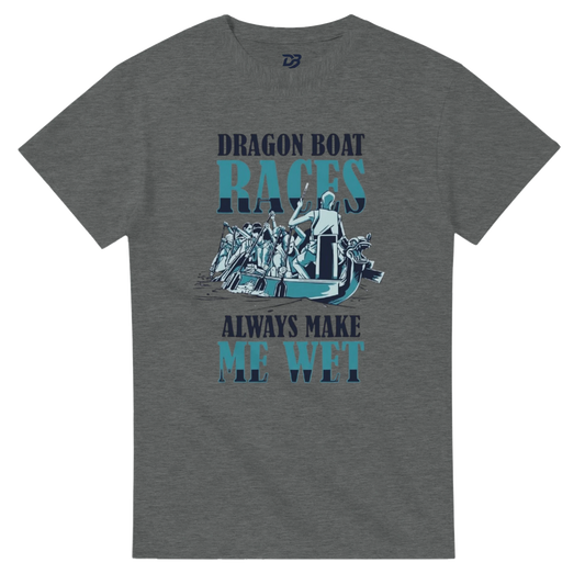 Graphite heather unisex t-shirt with front "DRAGON BOAT RACES" boat graphic and "ME WET" text