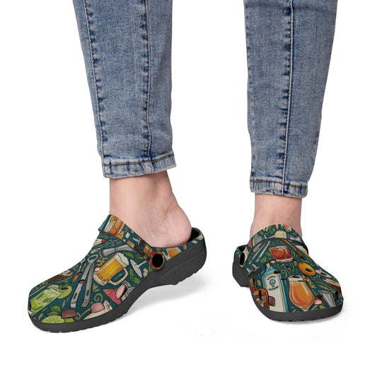 Patterned slip-on clogs on feet with black outsole and round ventilation holes