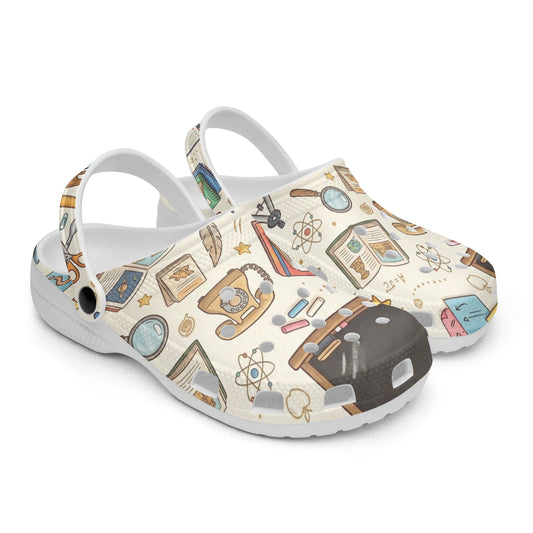 DBUKStore science teacher clogs, white base with chemistry icons print and black circular vents