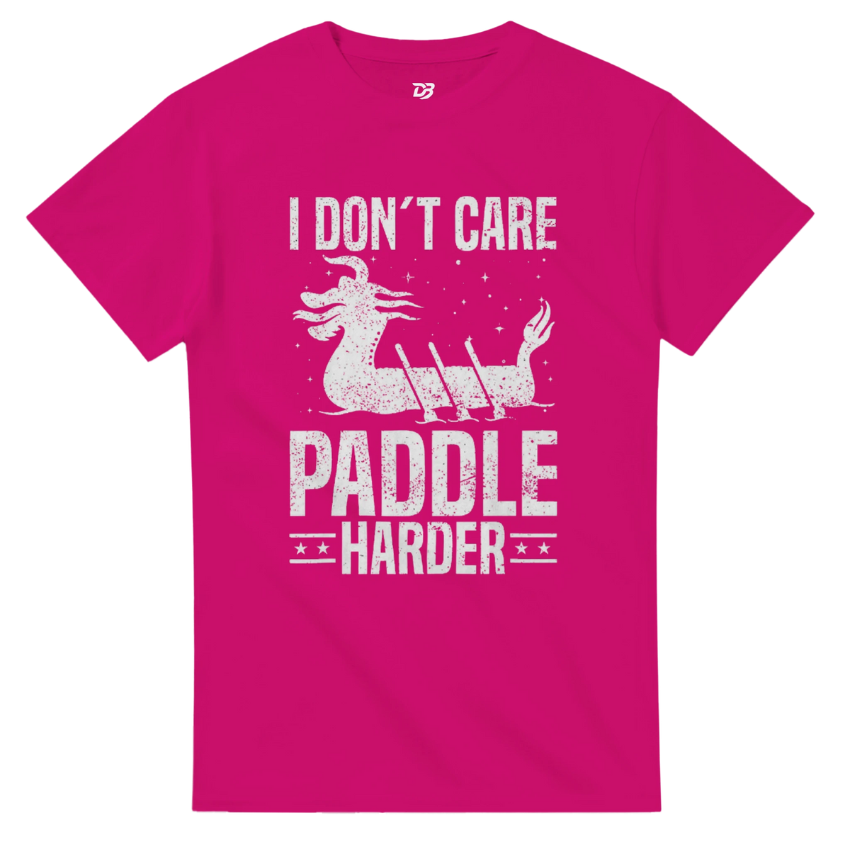 Heliconia magenta unisex crewneck T-shirt with white "I DON'T CARE PADDLIE HARDER" dragon boat graphic