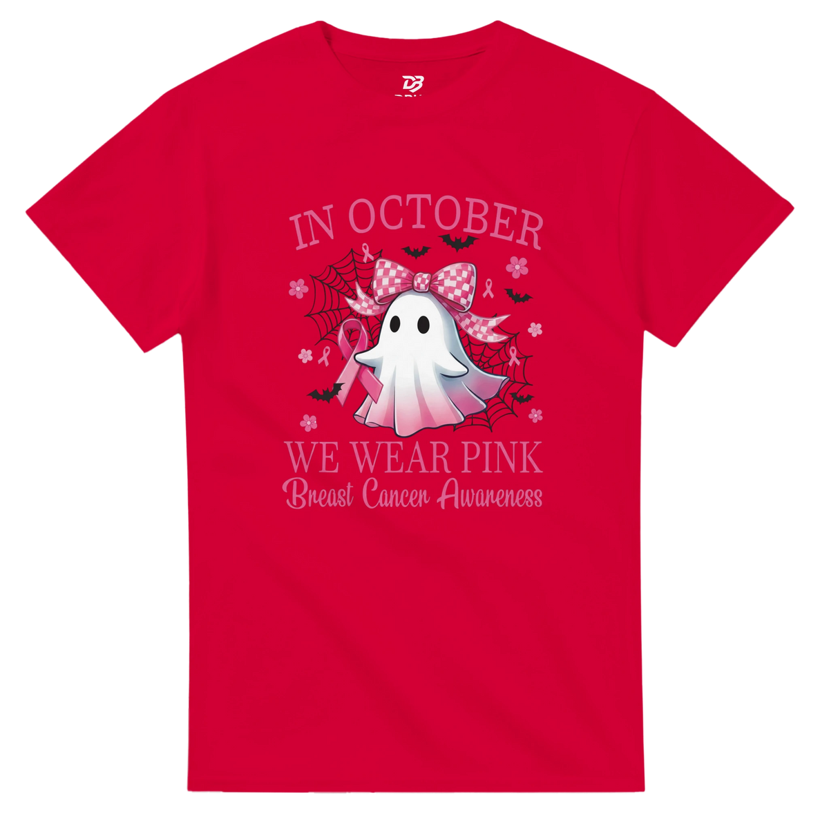 Red unisex T-shirt with pink “IN OCTOBER” text and ghost dragon graphic
