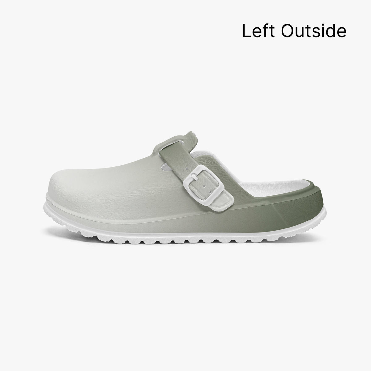 Single slip-on clog with dark green outer side panel and white buckle strap