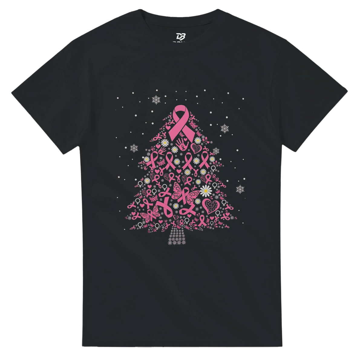 Black tee shirt with pink ribbon Christmas tree graphic and snowflake dots