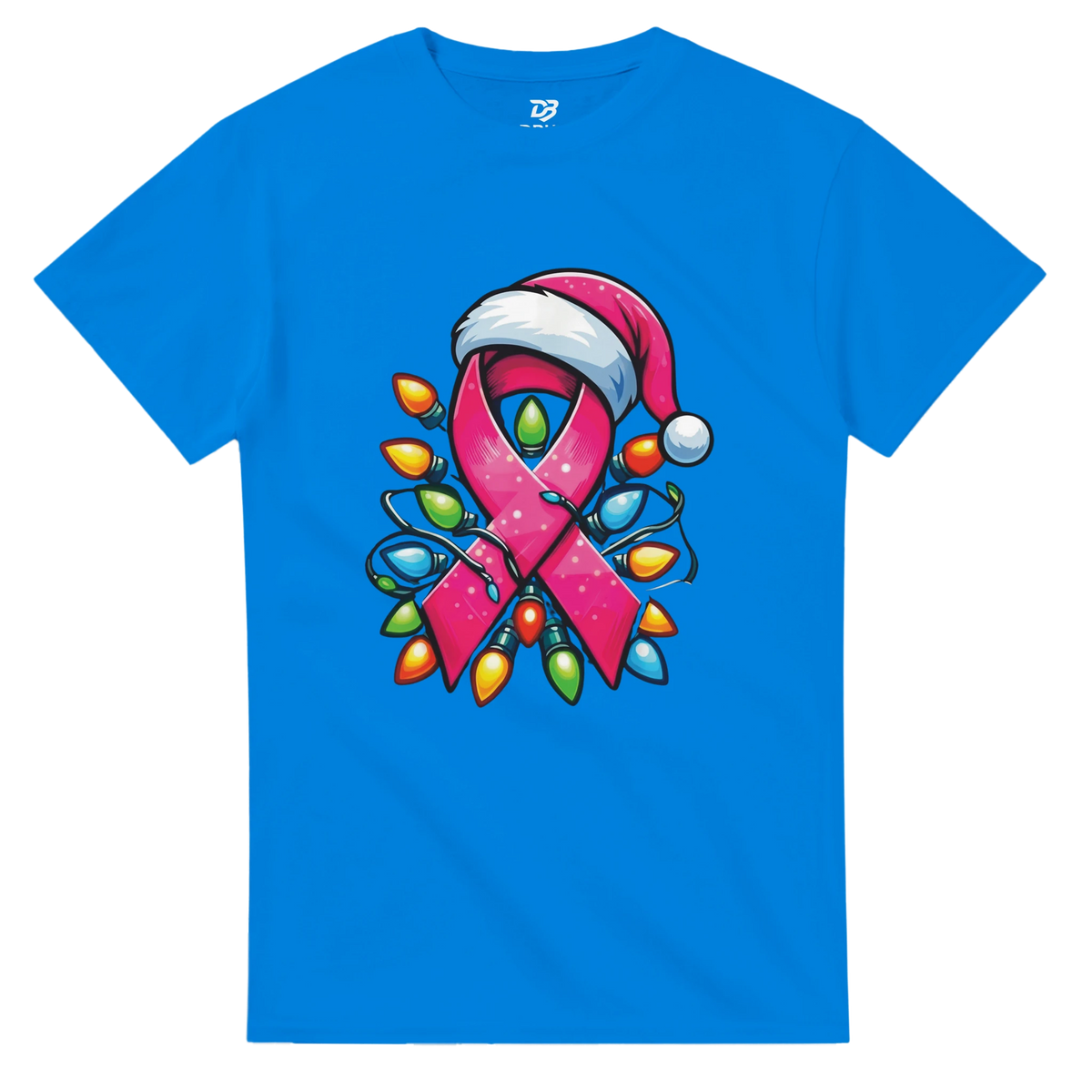 Blue crewneck T-shirt with pink ribbon character graphic and colorful Christmas lights
