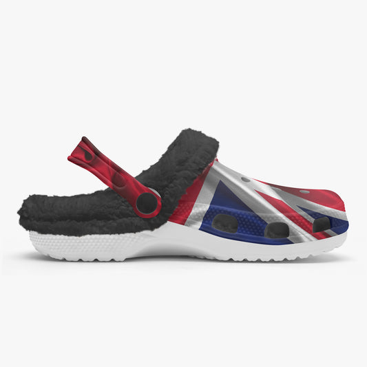 Black-faux-fur lined Union Jack print slide sandals with red strap and grippy sole