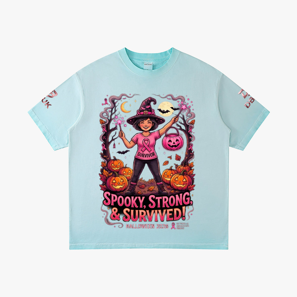 Light blue Halloween graphic tee with witch, pumpkins, and “Spooky Strong & Survived!”