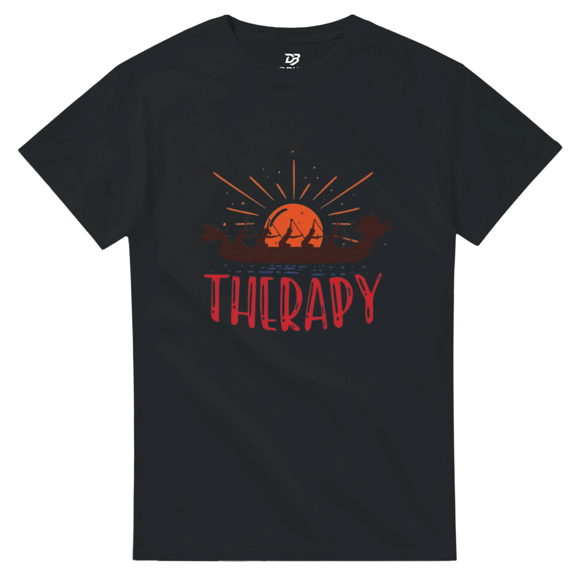 Black unisex T-shirt with dragon boat sunrise graphic and "THERAPY" print