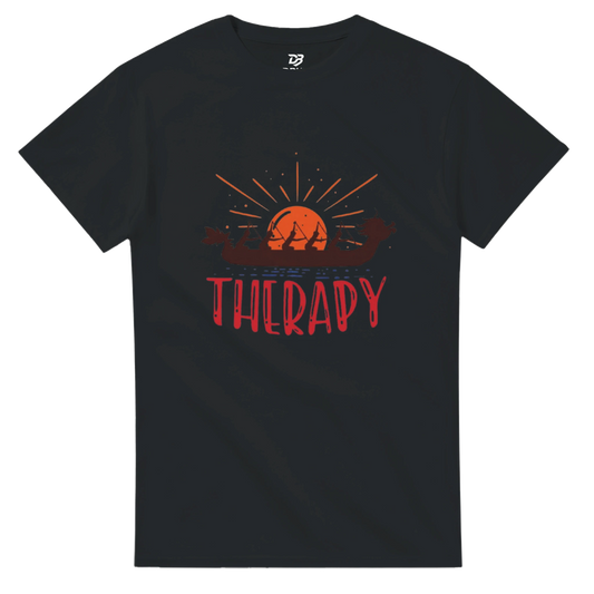 Black unisex T-shirt with dragon boat sunrise graphic and "THERAPY" print