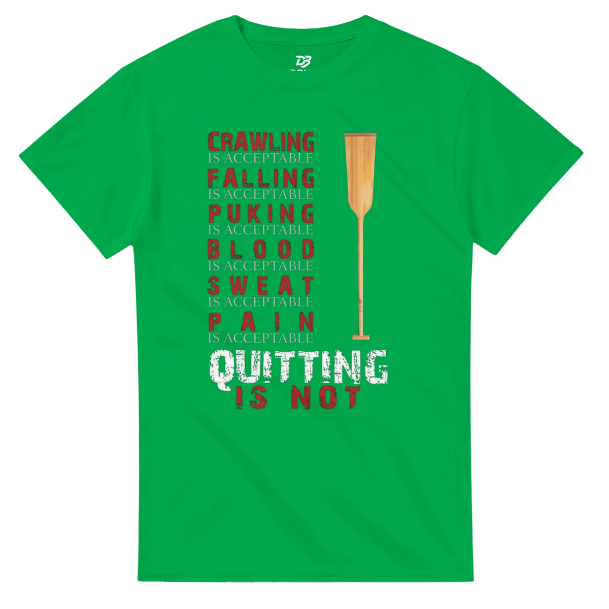 Green unisex graphic tee with “Quitting is not” text and trophy icon