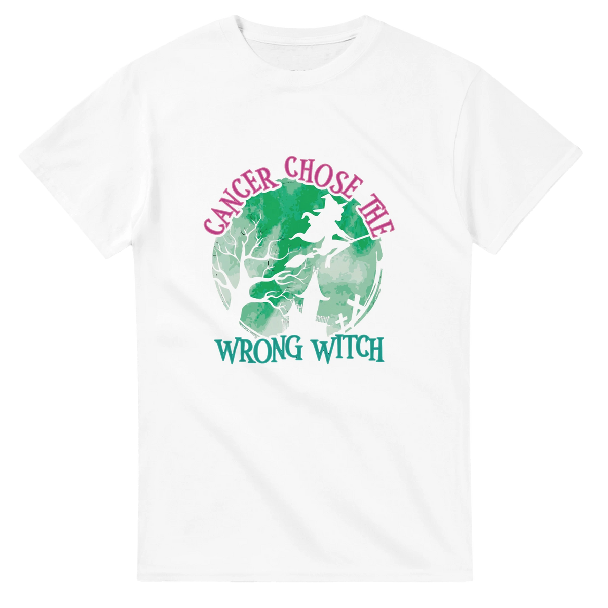 White unisex t-shirt with green witch graphic and pink "CANCER CHOSE THIS" text