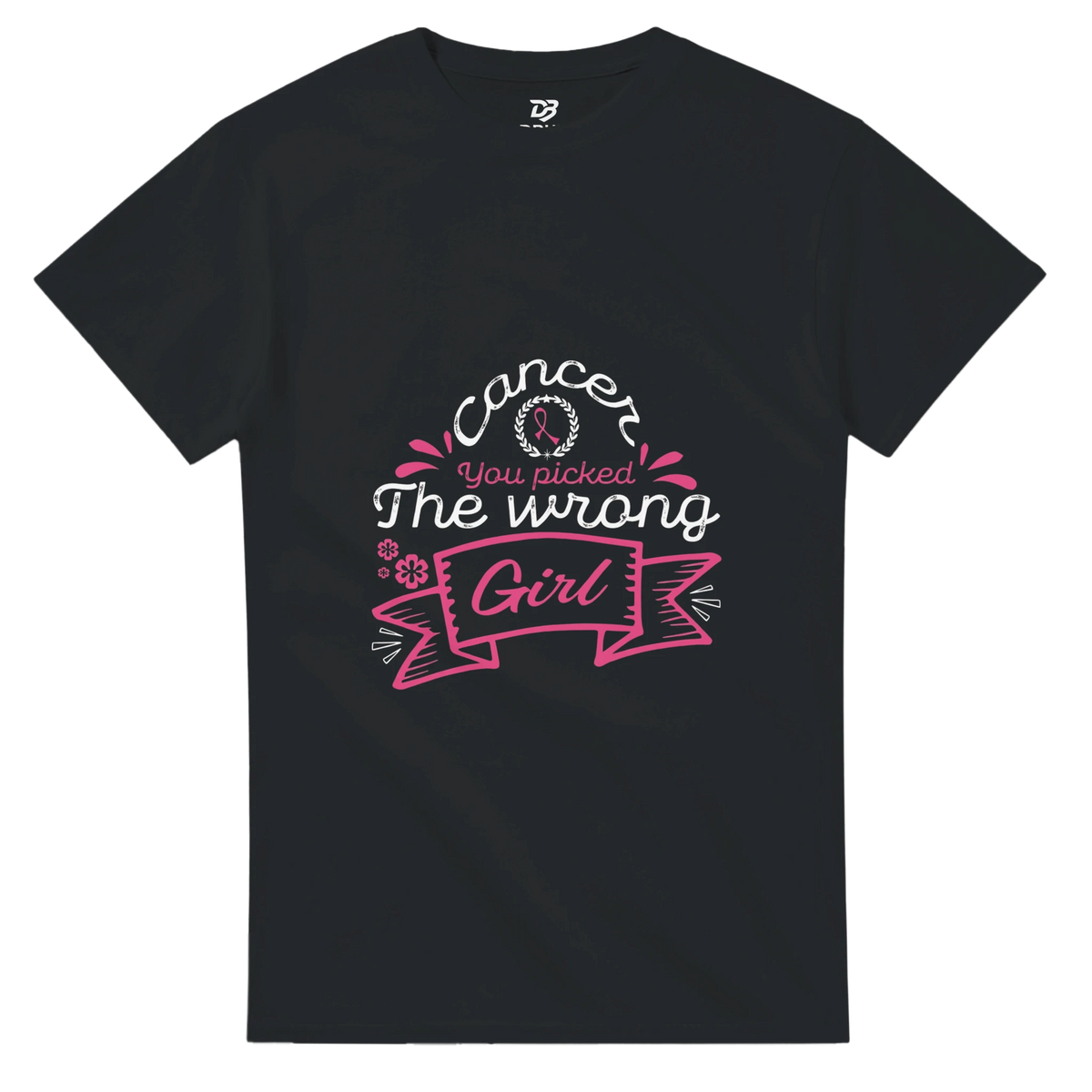Black unisex graphic tee with pink and white 'The wrong Girl' ribbon print