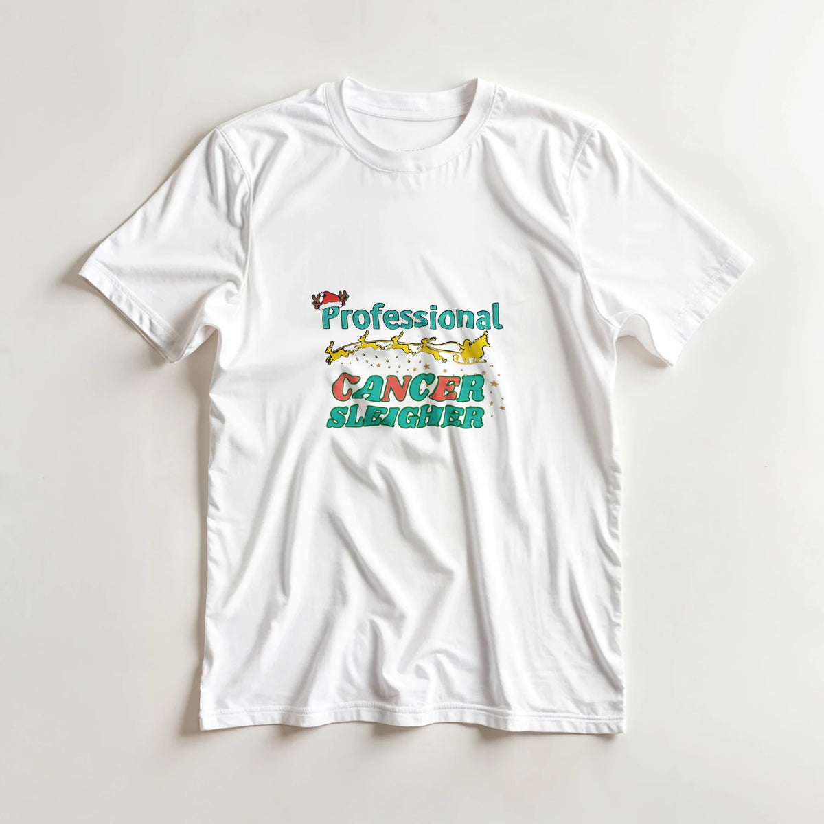 White crew neck T-shirt with colorful “Cancer Sleigher” graphic, laid flat front view