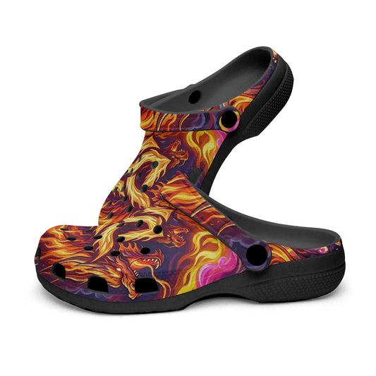 Single slip-on clog with orange flame-and-dragon all-over print, black perforated strap.