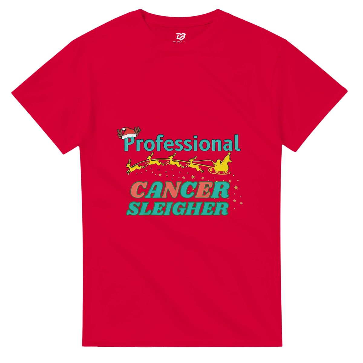 Red crew neck T-shirt with a colorful “Cancer Sleigher” graphic printed on the front
