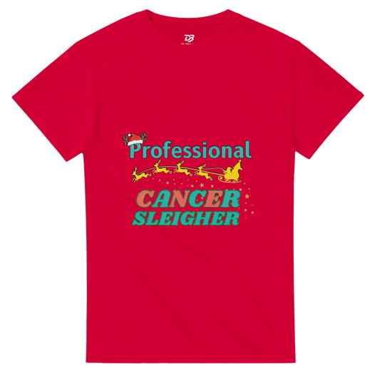 Red crew neck T-shirt with a colorful “Cancer Sleigher” graphic printed on the front