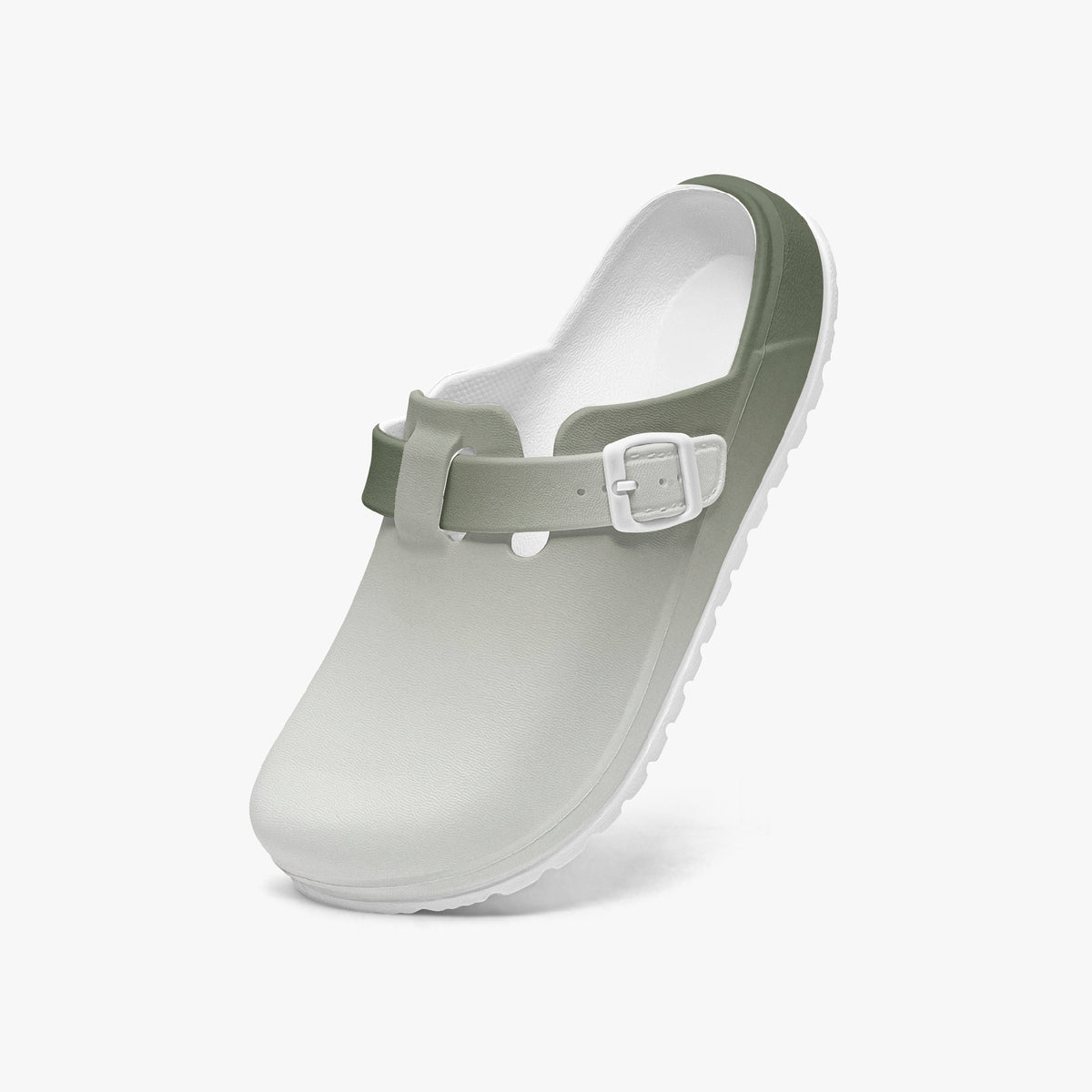 Light gray slip-on clog with dark green heel trim and hook-and-loop strap