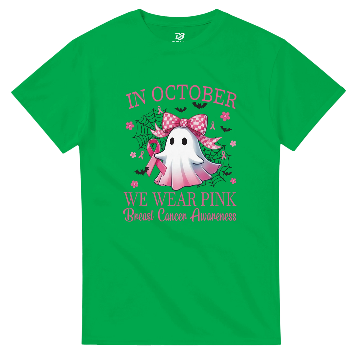 Green unisex T-shirt with pink awareness text and ribbon bow ghost dragon graphic